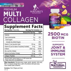 Collagen Gummies with Vitamin C, Zinc & Biotin, Hydrolyzed Protein Type 1 & 3 Multi Collagen Peptides Supplement - 60 Gummies By Nature's Nutrition
