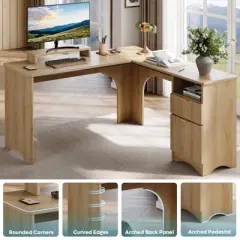 Bestier 55inch L Shaped Desk with Drawers,  Office Computer Desk with Round Corners, Monitor Stand & Fluted Panels, White & Walnut