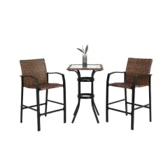FIONECA 3-Piece Outdoor Rattan Bar Stool Set with Glass Table Top &uml;C Wicker Bar Chairs for Backyard, Garden, Pool, Balcony, and Deck, Brown