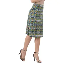 24seven Comfort Apparel Womens Green Geometric Elastic Waist Knee Length Skirt