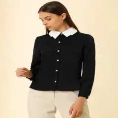 Allegra K Women's Work Tops Long Sleeve Contrast Collar Satin Button Down Shirt