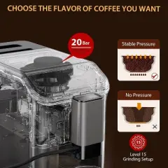 Acekool 20 Bar Espresso Machine, 1350W Power, Touchscreen, Burr Grinder, Milk Frother, Auto Cleaning, 1.5L