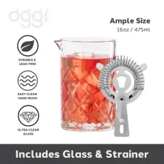 Oggi Cocktail Mixing Glass and Strainer: 16oz Capacity, Stainless Steel, Hand Wash, 5.9" Height, 4.72" Width
