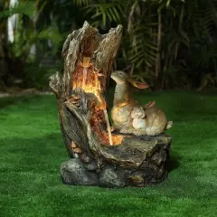 LuxenHome Resin Two Bunnies Tree Stump Outdoor Fountain with LED Lights