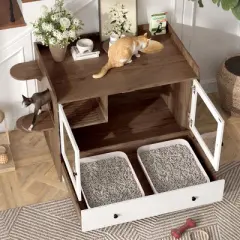 Large Hidden Cat Litter Box Cabinet with Drawer and Stairs, Indoor Enclosure and Side Table for Cats - The Pop Home