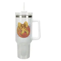 Elanze Designs 40 Ounce Stainless Steel Double Wall Insulated Glitter Travel Tumbler With Handle, Straw, and Lid, Basketball With Gold Bow White