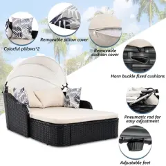 Whisen Outdoor Sunbed with Adjustable Canopy, Double lounge, PE Rattan Daybed