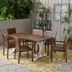 Christopher Knight Home Cassia Outdoor Acacia Wood 7 Piece Dining Set with 69" Dining Table, Dark Brown and White