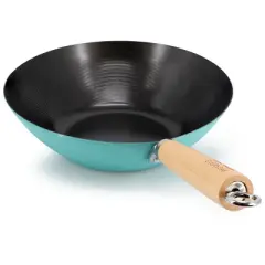 Martha Stewart Everyday Clarkston 10 Inch Nonstick Carbon Steel Wok with Wooden Handle in Teal