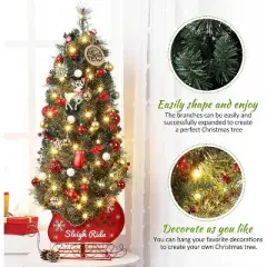 Christmas Tree with 85 Lights, Pre-Lit Artificial Mini Christmas Tree with 8 Mode Includes Red Berries & Sleigh Base for Front Door, Porch
