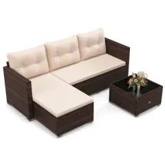 Costway 4 Seats Outdoor Wicker Furniture Set with Tempered Glass Coffee Table & Soft Cushions