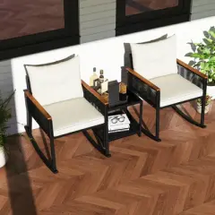 Tangkula 3 PCS Patio Rocking Bistro Set Outside Wicker Rockers w/ 2-Tier Tempered Glass Coffee Table
