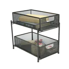 Mind Reader Metal Mesh Heavy Duty Organizer [2 TIER] Slide Out Basket Drawer For Kitchen, Bathroom, Office Desk (BLACK)