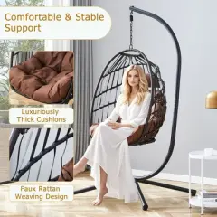 Sapphtopaz Porch Swing Egg Hanging Chair Wicker Woven Swing Hanging Hammock Chair with Cushions and Stand for Indoor, Garden, Terrace, Backyard