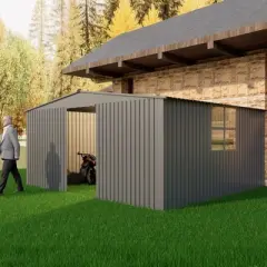 GDFStudio Georgia Outdoor Metal Grey Storage Shed with Built-In Firewood Storage and Vents