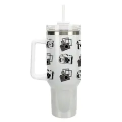 Elanze Designs Vintage Polaroid Camera Pattern 40 oz. Stainless Steel, Large Water Bottle Coffee Mug, Spill & Leak Resistant, Thermal Travel Tumbler