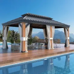 Erommy 12' X 20' Ultra-Thick Columns and Beams Hardtop Gazebo with Faux Wood Grain Aluminum Frame, Vertical Stripe Galvanized Steel Double Roof