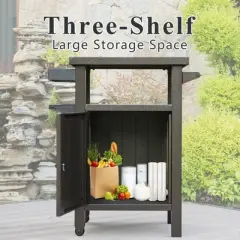 DOMETOUR Grill Carts Outdoor with Storage and Wheels, Whole Metal Portable Table and Storage Cabinet for BBQ, Deck, Patio, Backyard(Brown)