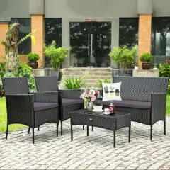 Tangkula 4PCS Rattan Furniture Set Cushioned Sofa Coffee Table Backyard Porch Patio Grey