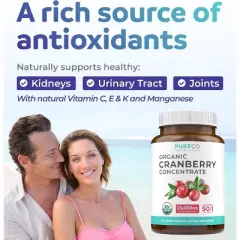 Pure Co Organic Cranberry Concentrate Capsules, Urinary Tract Support and Kidney Cleanse, 120ct