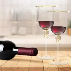 Berkware Classy Rhinestone Embellished Long Stem Rose Wine Glasses with Elegant Rim Design - 18oz