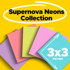 Post-it&reg; Super Sticky Notes, 3 in. x 3 in., Supernova Neons Collection, 6 Pads/Pack, 70 Sheets/Pad: Multicolor, Art & Design