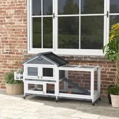 PawHut 65" Wooden Rabbit Hutch, Pet Playpen with Openable Roof, Bunny House Enclosure with Wheels & Storage Box for Rabbits and Small Animals, Gray