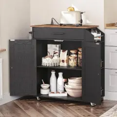 MaseiKar Kitchen Island with Power Outlet, Storage Island with Spice Rack and Drawer, Rolling Kitchen Cart on Wheels, for Home, Dining Room, Black