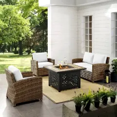 Bradenton 4pc Outdoor Conversation Set with Loveseat, 2 Arm Chairs & Tucson Fire Table - Weathered Brown/White - Crosley