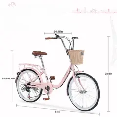 INFURNIC Bicycles, 22 Inch Ladies Bicycle with Basket, Commute Bicycle Women Ladies, Pink, 61"*24.41"*38.9"