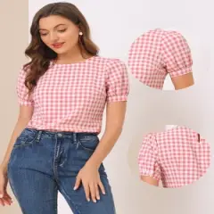 Allegra K Women's Vintage Crew Neck Puff Sleeve Casual Plaid Gingham Blouse
