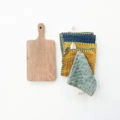Storied Home Cotton Dishcloth on a Mango Wood Board, Multicolor, Set of 3
