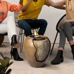 Teamson Home Outdoor 22 Inch Water Fountain Pot with Fire Pit and Fire Glass, Brown