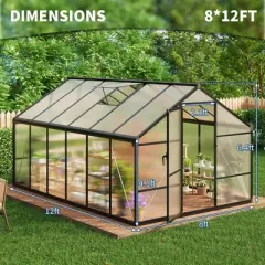 8x12FT Aluminum Greenhouse with Roof Vent Ground Nails Lockable Push Door Large Walk-in Green House for Outside Garden Backyard Patio Lawn