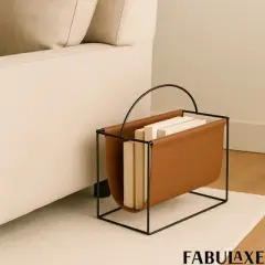 Fabulaxe Gold-Tone Metal Magazine Rack with Brown Faux Leather Sling Freestanding Organizer for Magazines Newspapers & Files
