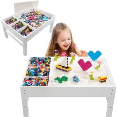 Brick Construction Play Table w 4 Storage Compartments and 1000 Rainbow Bricks - Works w All Major Brands- Build & Stack Block Pieces