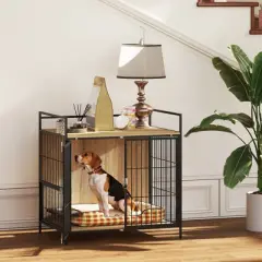 PawHut Dog Crate Furniture, 30 Inch Pet Kennel Furniture End Side Table with Rotatable Bowls, 2 Anti-Escape Doors, Top Storage Shelf, for M Dogs, Oak