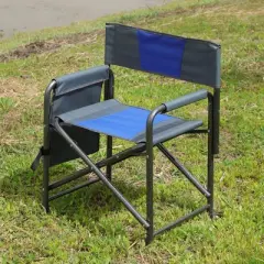 Airsurfer Padded Folding Outdoor Director&rsquo;s Chair with Storage Pockets, Lightweight Oversized Chair for Camping, Fishing, Picnics &ndash; Blue/Grey