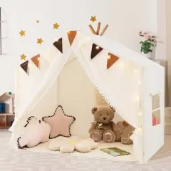 Costway Kids Play Tent with Door Curtains Windows Star Lights Colorful Flags Padded Mat Gray/Beige