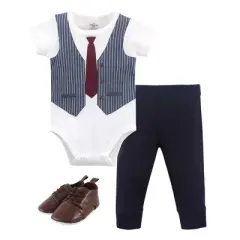 Little Treasure Baby Boy Cotton Bodysuit, Pant and Shoe 3pc Set, Navy Burgundy Vest