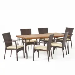 Christopher Knight Home Tatum Outdoor Wicker and Acacia Wood 7 Piece Dining Set with Cushion, Teak/Multibrown