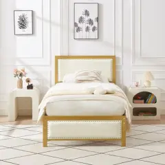 VECELO Upholstered Linen Bed Frame with Headboard and Footboard, Heavy-Duty Platform, Strong Metal Slats, No Box Spring Required, Easy Assembly