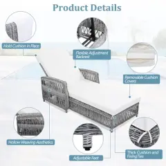 2 Pieces Outdoor Lounge Chair 4-Position Chaise Lounge Wicker Long Reclining Chair Lawn Sunbathing Chairs with Cushion, Beige/Grey-ModernLuxe