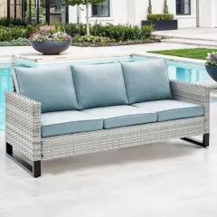POCASSY 74.4" Outdoor Wicker Couch with Metal Armrest, 3-Seater Couch with Square Armrest Patio Furniture Sofa for Porch Balcony