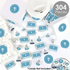 Big Dot of Happiness Blue Elegant Cross - Boy Religious Party Candy Favor Sticker Kit - 304 Pieces