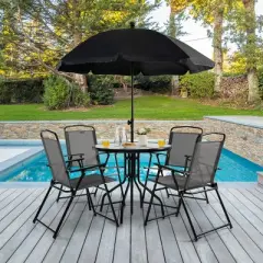 Tangkula 6PCS Patio Garden Dining Set w/ Round Table & 4 Folding Chairs & Umbrella
