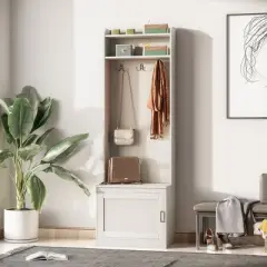 HOMCOM Rustic Hall Tree with Shoe Storage Bench, Entryway Bench with Coat Rack, Accent Coat Tree with Storage Shelves for Hallway, Mudroom, White