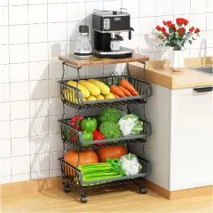 4 Tier Fruit Storage Basket,Kitchen Storage Rack with Rollers for Pantry