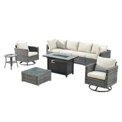 Ovios Venice 9pc Wicker Outdoor Patio Furniture Set Conversation Sofa with a Metal Fire Pit, Swivel Chairs and Cushions