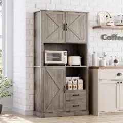 Modern Kitchen Pantry Cabinet with Microwave Stand, Tall Kitchen Hutch with Drawers & Adjustable Shelves